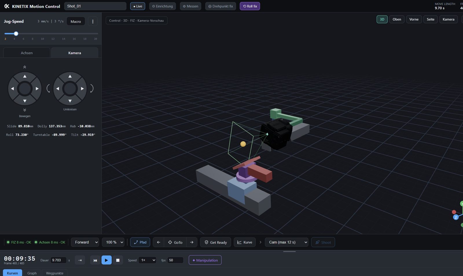 Oberfläche der KINETIX-Software mit Kamerasteuerung, 3D-Abbild des Systems und Timeline